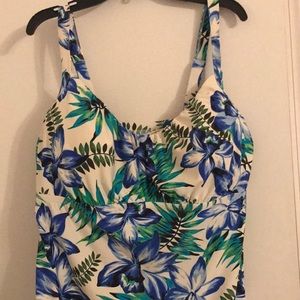 Blue, black, green & white floral modest bathing suit top!